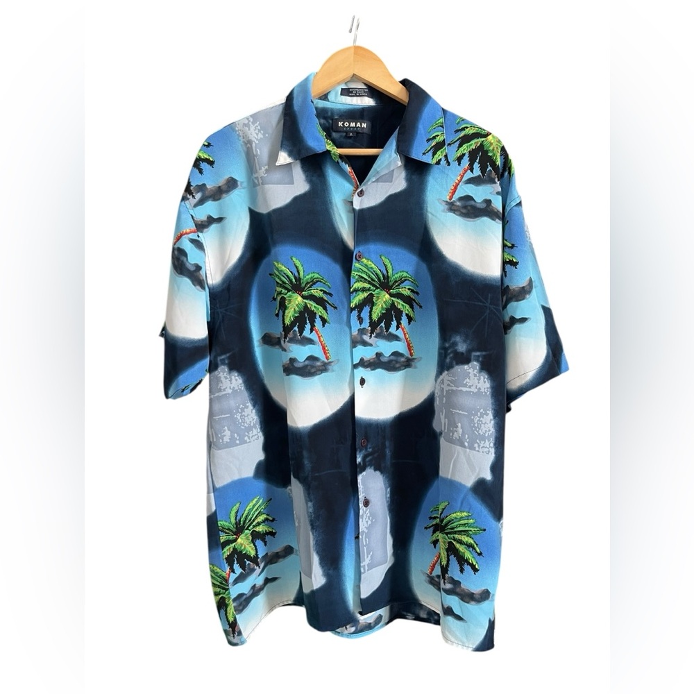 Koman Sport Vintage Style Hawaiian Shirt L Blue Palm Print Retro Y2K Aloha Korea